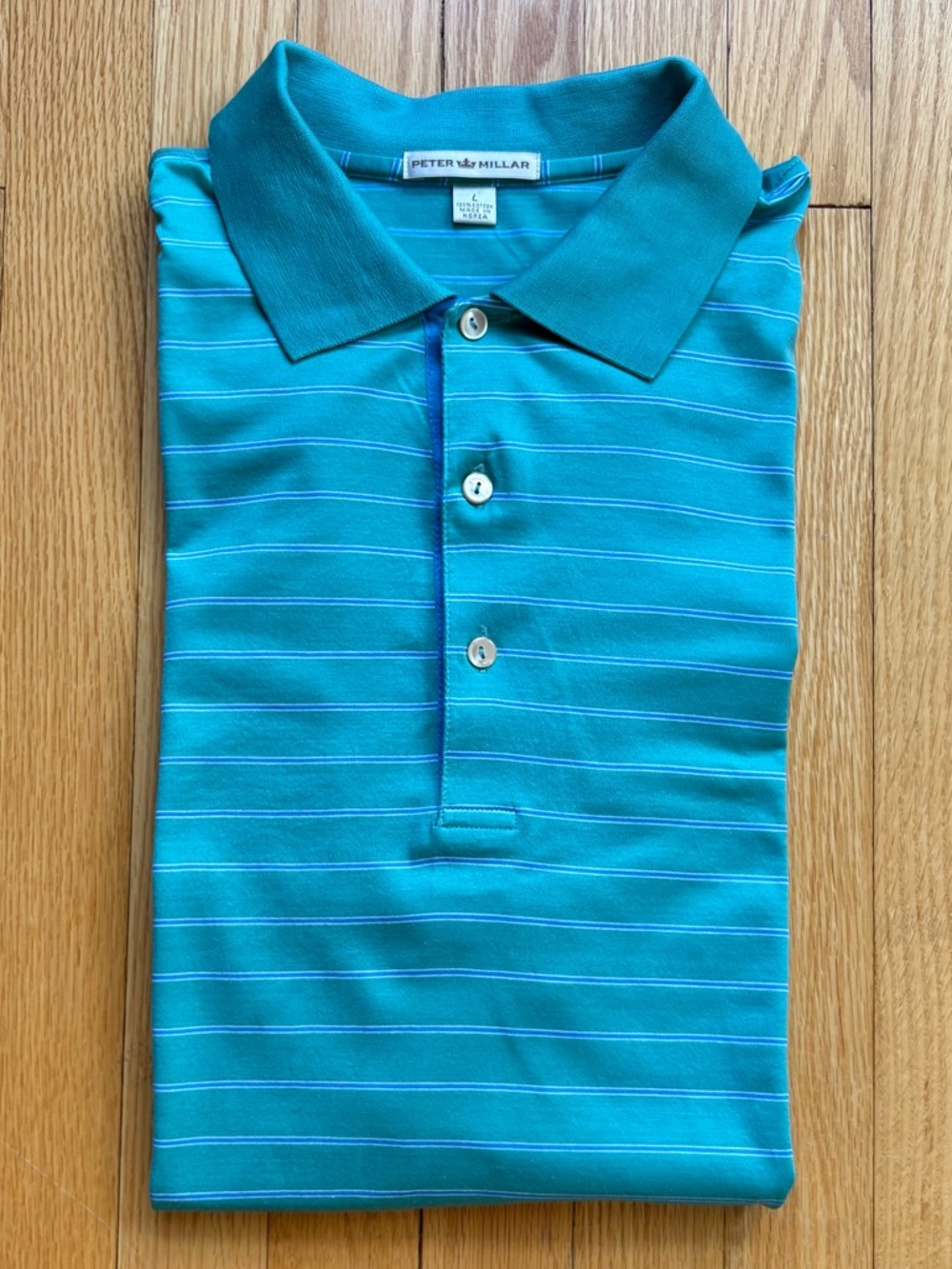 Peter Millar Men’s Short Sleeve Polo Shirt 100% Cotton Large Green Blue Stripes
